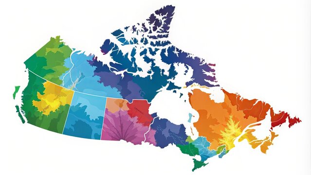 Vibrant, illustrated map of Canada displaying 10 provinces and 3 territories with distinct borders, colors, and