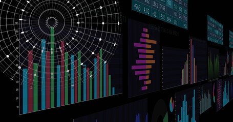 Image of digital data processing and globe over black background