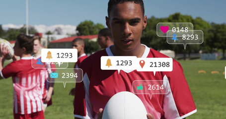 Image of icons and data processing over diverse rugby players