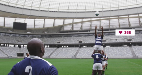 Image of icons and data processing over diverse rugby players