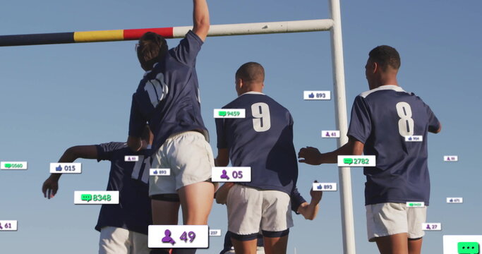 Image of icons and data processing over diverse rugby players