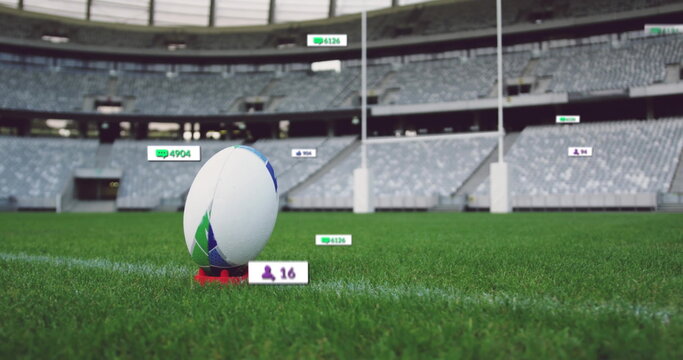 Image of icons and data processing over rugby ball on field