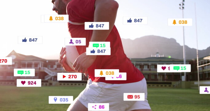 Image of icons and data processing over diverse rugby players