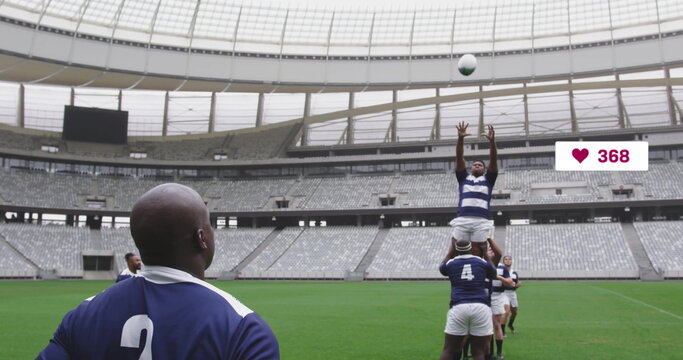 Image of icons and data processing over diverse rugby players