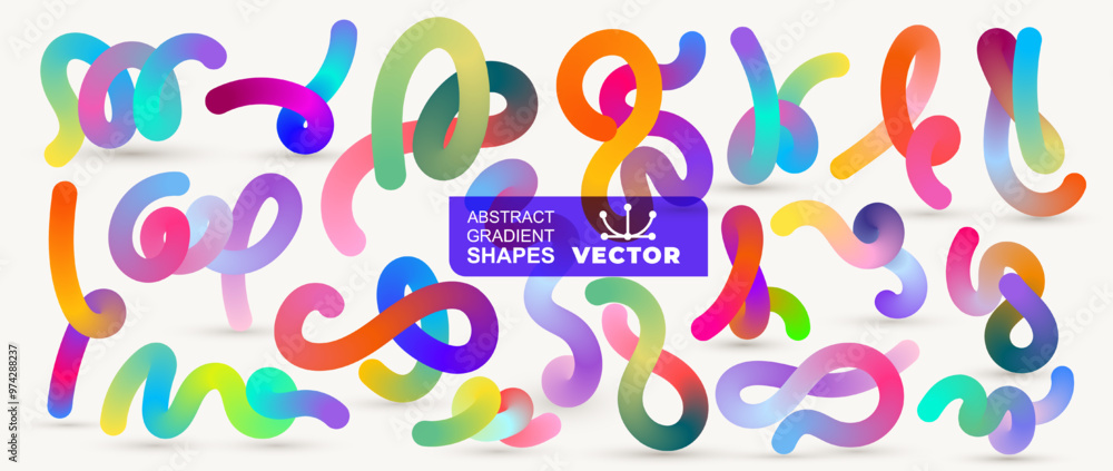 Poster big set abstract colorful vector gradient shapes, lines, spirals. graphic with wavy lines in rainbow