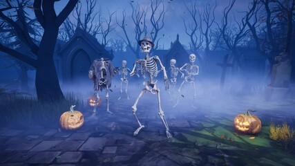Halloween party. Funny skeletons dancing in the moonlight in a scary gothic graveyard. 3D animated background for greeting cards, invitations, posters, events, parties