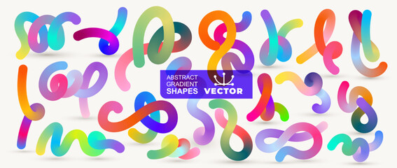 Big set abstract colorful vector gradient shapes, lines, spirals. Graphic with wavy lines in rainbow colors. Template colorful fluid wave pattern. Vector handwritten design squiggly sign elements.