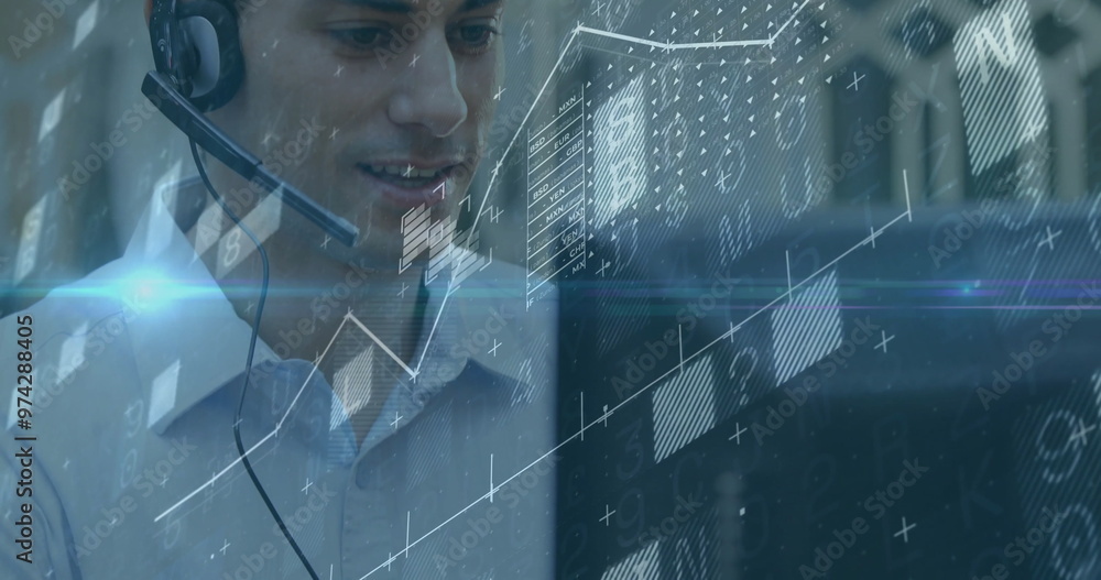 Aufkleber image of financial data processing over caucasian businessman using phone headset and computer