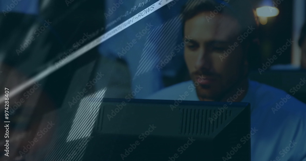 Aufkleber image of financial data processing over caucasian businessman using phone headset and computer