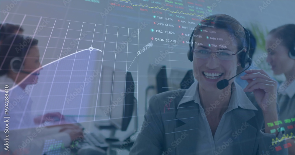 Poster image of financial data processing over diverse colleagues using phone headsets and computers