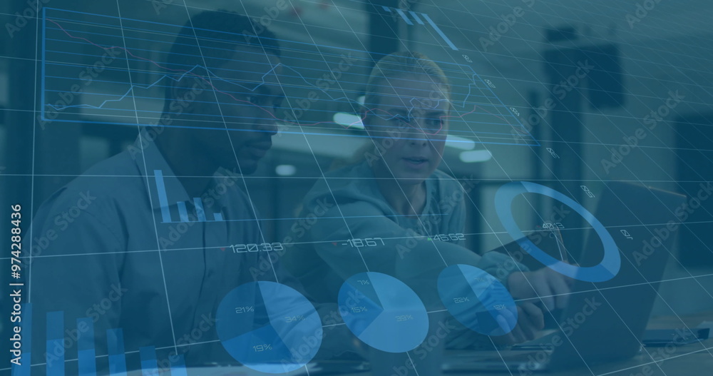 Poster analyzing data charts and graphs image over two business professionals in discussion