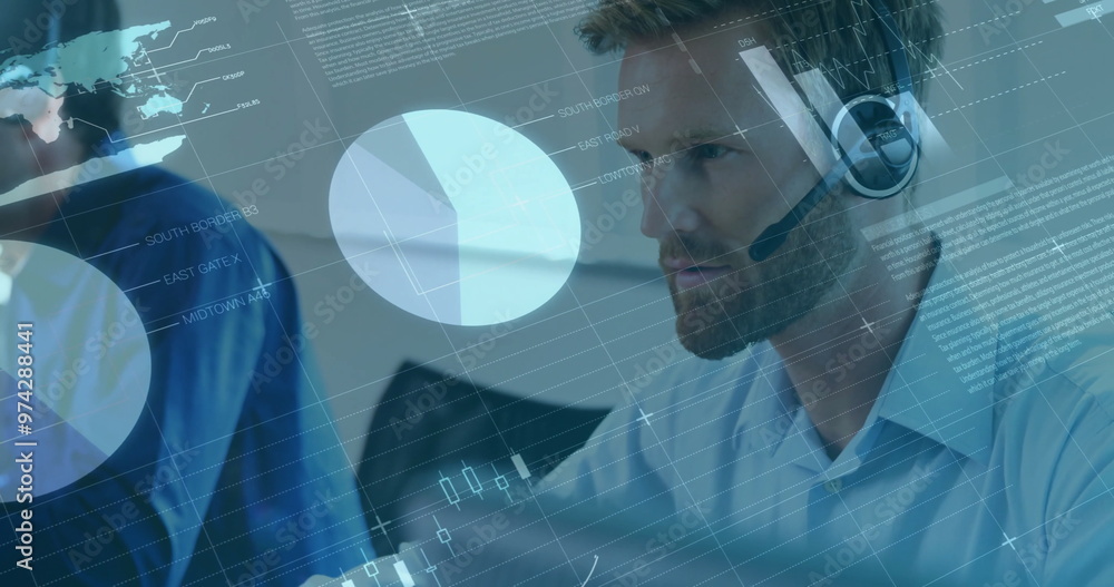 Poster image of financial data processing over caucasian businessman using phone headset and computer