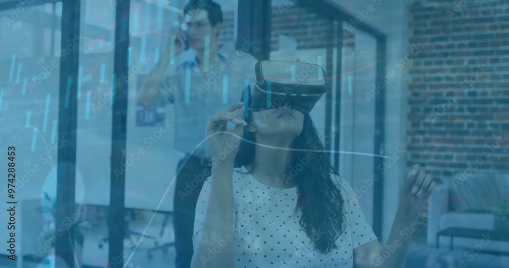 Poster using virtual reality headset, woman interacting with data visualization image