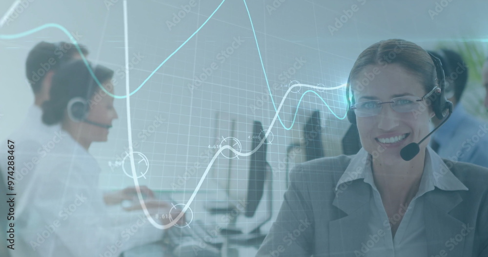 Aufkleber image of data processing over caucasian businesswoman using phone headset and computer