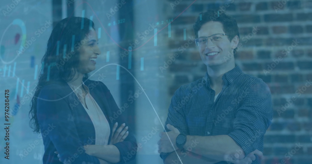 Poster business data analytics image over smiling colleagues in office