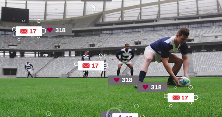 Image of icons and data processing over diverse rugby players