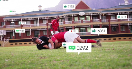 Image of icons and data processing over diverse rugby players