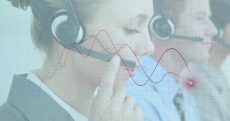 Image of financial data processing over diverse colleagues using phone headsets and computers