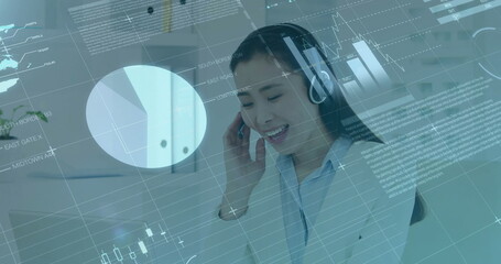 Image of financial data processing over asian businesswoman using phone headset and computer