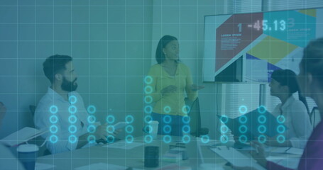 Business presentation with data visualization image over diverse team in meeting room