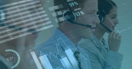 Image of financial data processing over diverse colleagues using phone headsets and computers
