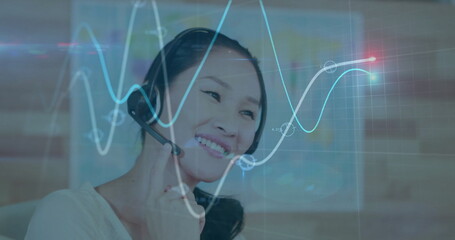 Image of financial data processing over asian businesswoman using phone headset and computer