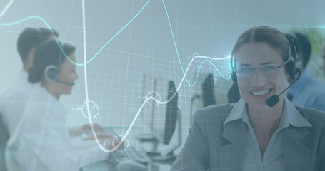 Image of data processing over caucasian businesswoman using phone headset and computer