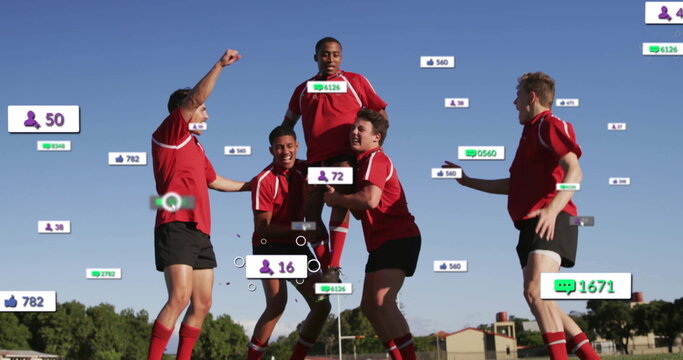 Image of icons and data processing over diverse rugby players