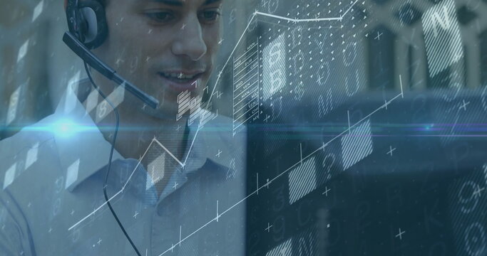 Image of financial data processing over caucasian businessman using phone headset and computer