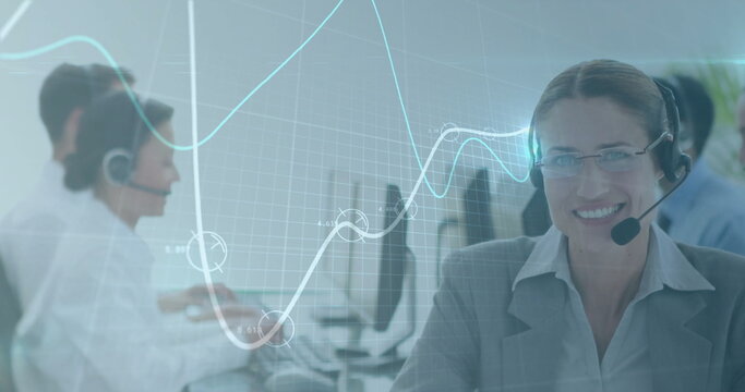 Image of data processing over caucasian businesswoman using phone headset and computer