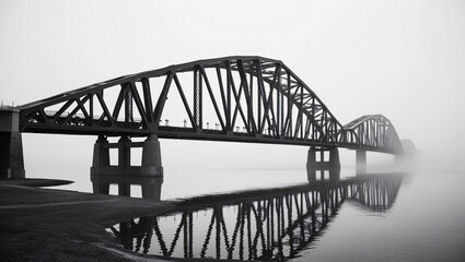 Fototapeta premium Veil of Fog The Steel Truss Bridge, fog, steel, construction, architecture, transportation, railway