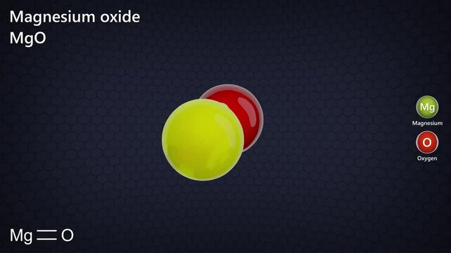 3D model of molecule Magnesium oxide. MgO has the appearance of a white solid. Magnesium oxide salt, which has antacid, laxative and vasodilating effects. 3d rendering. Seamless loop. Black background