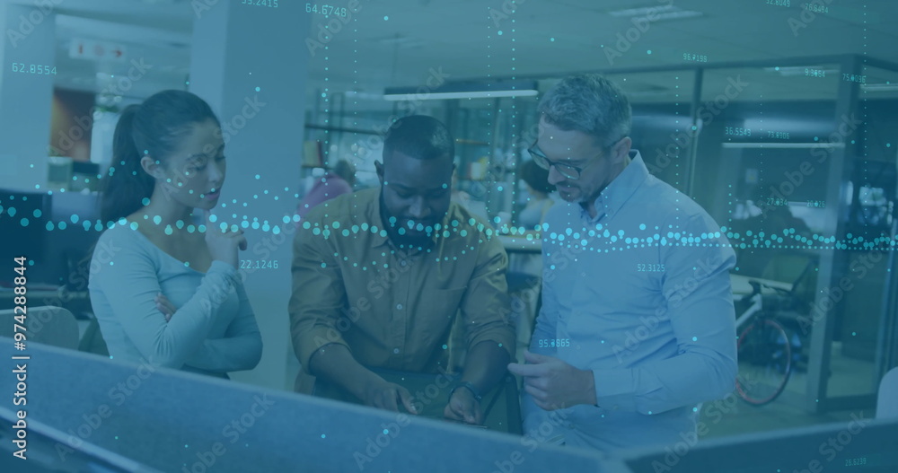 Poster image of financial data processing over diverse business people using laptop