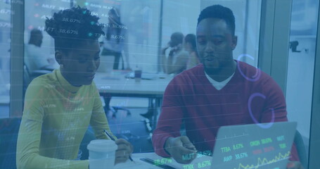 Image of financial data processing over diverse business people using laptop