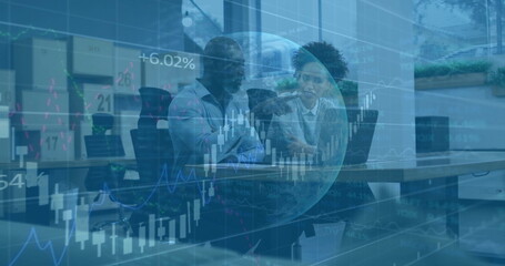 Image of financial data processing over diverse business people using laptop