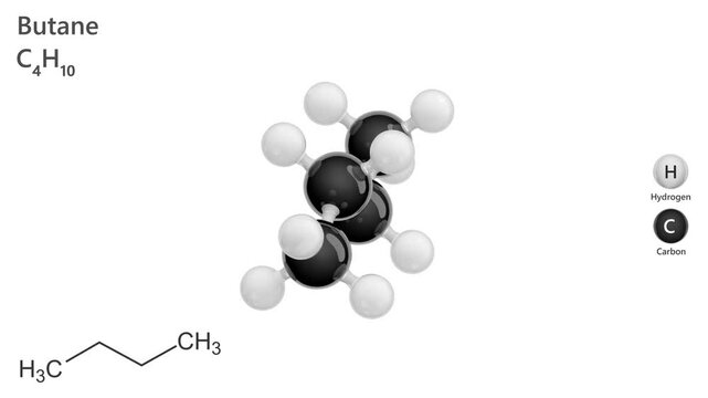 Chemical structure and 3d model of Butane molecule C4H10. Butane is a colorless gas with a faint petroleum-like odor. It is used as a fuel, an aerosol propellant and to make other chemicals.White back