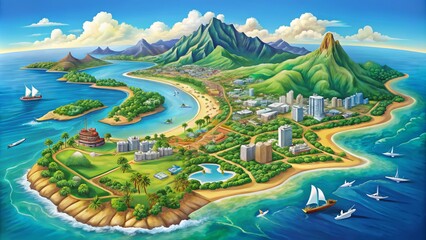 Vibrant illustration of Oahu's geographical layout showcasing iconic landmarks, beaches, and roads, perfect for travel