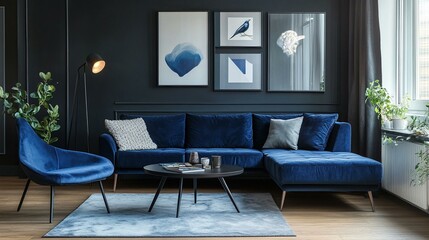 A blue velvet sectional sofa in a modern living room with a black floor lamp, artwork, and a coffee table in a contemporary design style