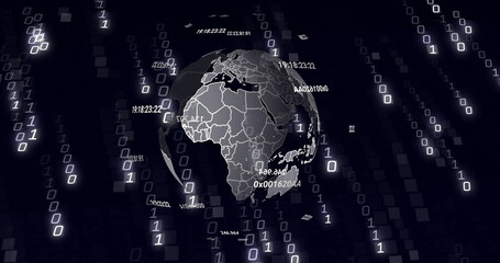 Image of data processing and binary coding over globe