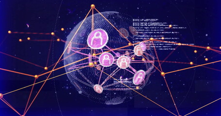Image of data processing and network of connections with people icons over globe