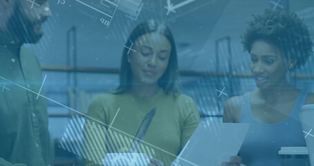 Image of financial data processing over diverse business people in office