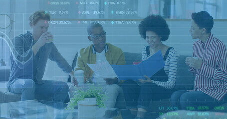 Image of financial data processing over diverse business people in office