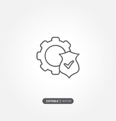 simple line drawing of a gear and a shield with a checkmark inside the shield. The gear represents settings or mechanisms, while the shield with a checkmark symbolizes security or protection.