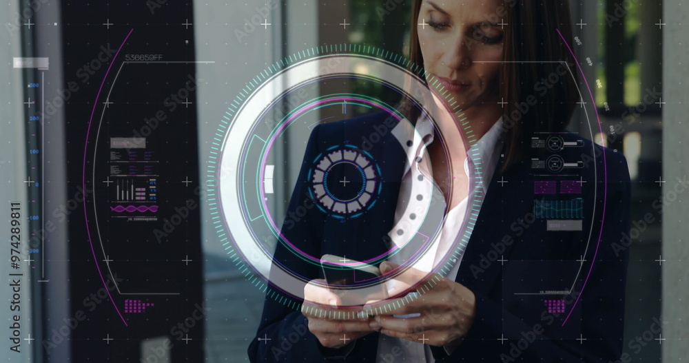Poster image of data processing and scope scanning over caucasian woman using smartphone