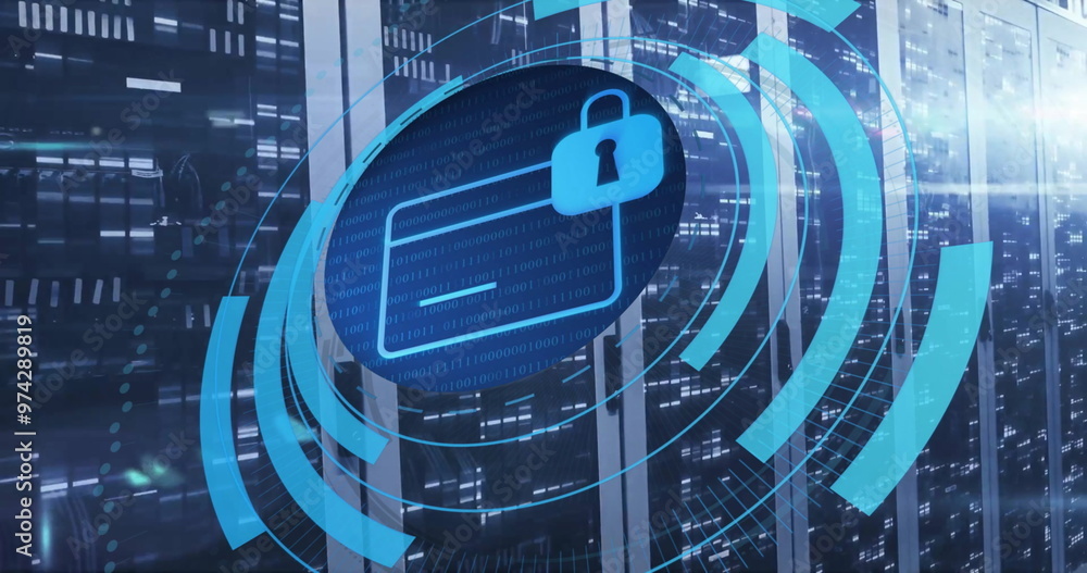 Poster image of circular scanner processing bank card with padlock icon over server room