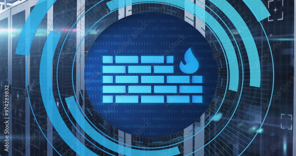 Poster image of circular scanner processing firewall data over server room