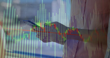 Image of data processing and diagrams over caucasian woman using smartphone