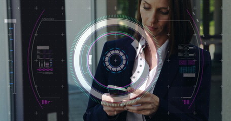 Image of data processing and scope scanning over caucasian woman using smartphone