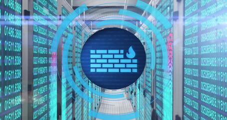 Image of circular scanner processing firewall data over computer server room