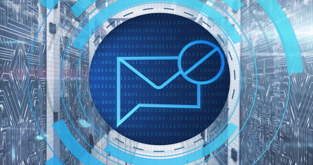 Image of circular scanner processing blocked mail message data over network server room